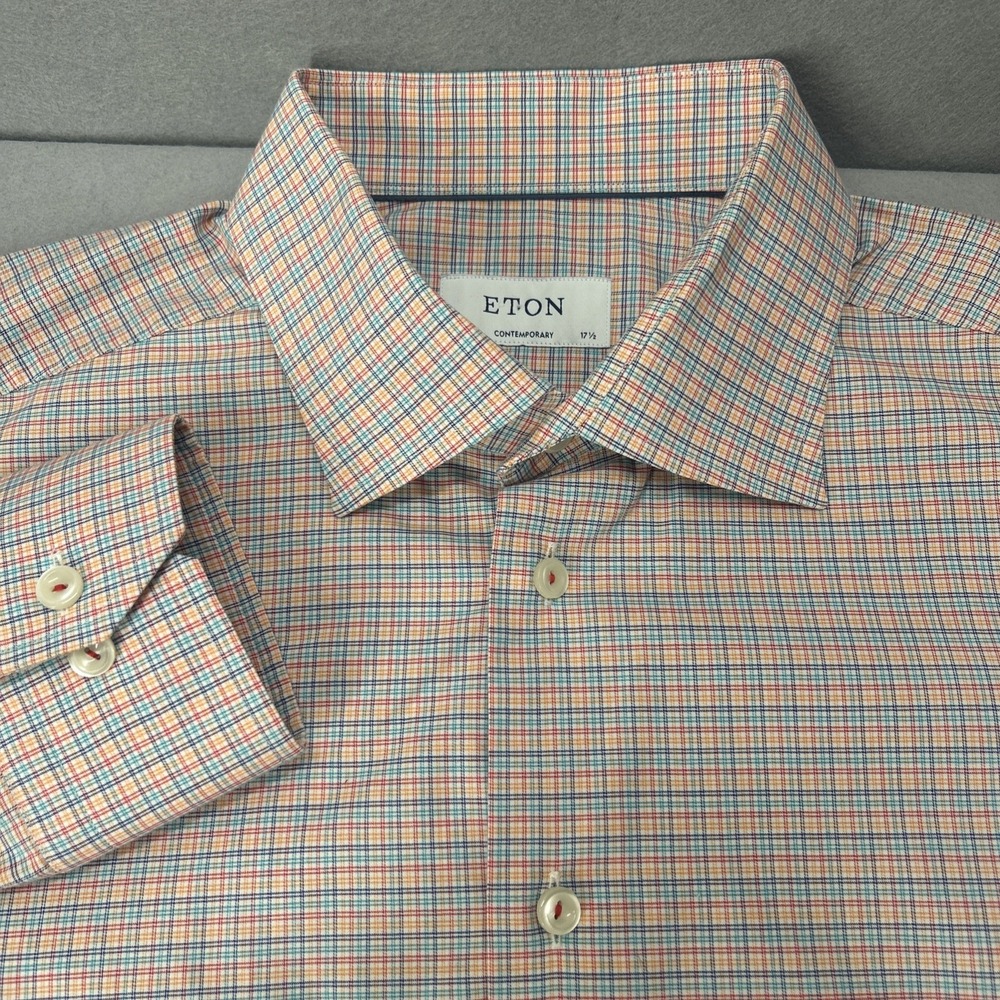 Eton Dress Shirt Contemporary Micro Check Plaid Men Size 44-17.5 Multicolor